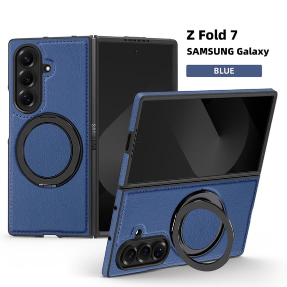 ELEHOLD Leather Case for Samsung Galaxy Z Fold 7,Strong Magnetic Compatible with Mag Safe 360 Rotation Ring Kickstand Function Anti-Scratches Protective Case for Samsung Galaxy Z Fold 7,Blue