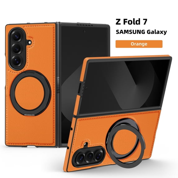ELEHOLD Leather Case for Samsung Galaxy Z Fold 7,Strong Magnetic Compatible with Mag Safe 360 Rotation Ring Kickstand Function Anti-Scratches Protective Case for Samsung Galaxy Z Fold 7,Orange