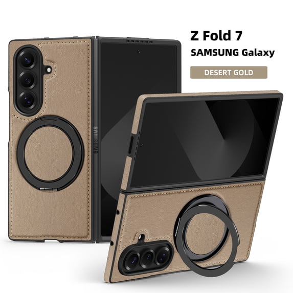 ELEHOLD Leather Case for Samsung Galaxy Z Fold 7,Strong Magnetic Compatible with Mag Safe 360 Rotation Ring Kickstand Function Anti-Scratches Protective Case for Samsung Galaxy Z Fold 7,Desertgold