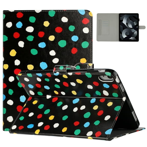 ELEHOLD Leather Case for iPad 10th Gen 10.9" 2022, Cute Point Pattern with Card Slots Auto Wake/Sleep Function Cover Kickstand Magnetic Clasp Shockproof Protective Case, Black + Colorful