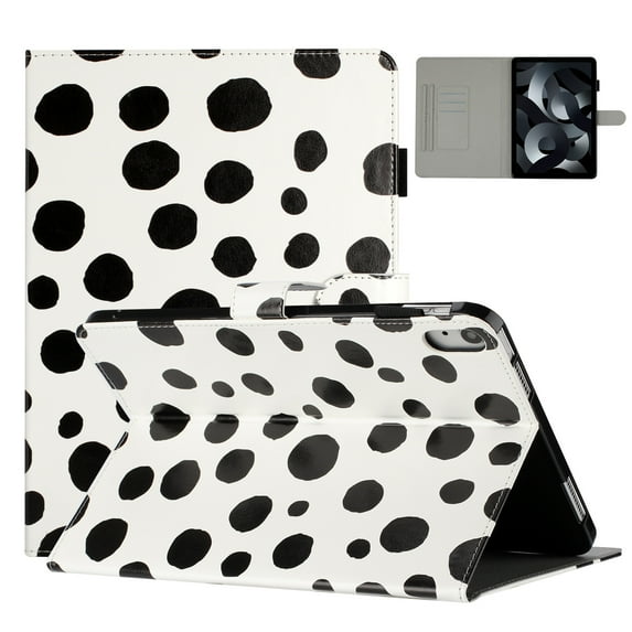 ELEHOLD Leather Case for iPad 10th Gen 10.9" 2022, Cute Point Pattern with Card Slots Auto Wake/Sleep Function Cover Kickstand Magnetic Clasp Shockproof Protective Case, White + Black