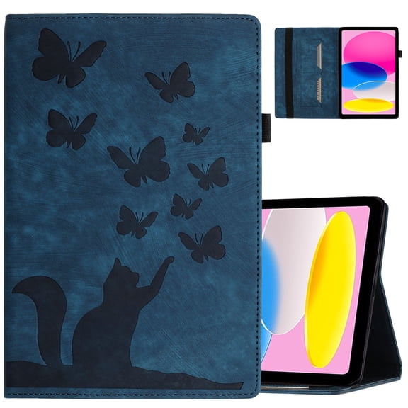 ELEHOLD Leather Case for iPad Pro 10.5" (2017/2019) Flip Folio Case with Butterflies & Cat Pattern Built-in Card Holders Elastic Band Anti-Slip Kickstand Full Protective Shockproof Case,darkblue