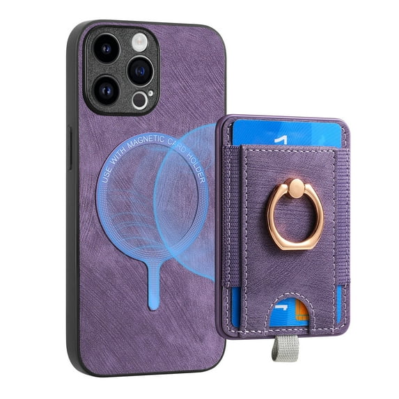 ELEHOLD Leather Case for iPhone 11 Magnetic Detachable Card Holder Magnetic 2 in 1 Wallet Case with Ring Holder Kickstand Compatible with Mag Safe Shockproof Cover,purple