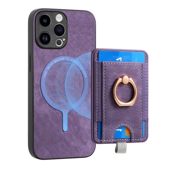 ELEHOLD Leather Case for iPhone 12 Pro Magnetic Detachable Card Holder Magnetic 2 in 1 Wallet Case with Ring Holder Kickstand Compatible with Mag Safe Shockproof Cover,purple