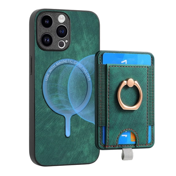 ELEHOLD Leather Case for iPhone 12 Pro Magnetic Detachable Card Holder Magnetic 2 in 1 Wallet Case with Ring Holder Kickstand Compatible with Mag Safe Shockproof Cover,green