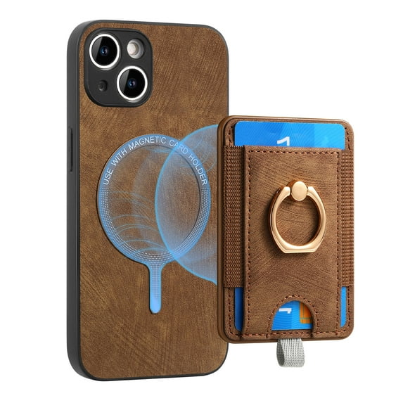 ELEHOLD Leather Case for iPhone 13 Magnetic Detachable Card Holder Magnetic 2 in 1 Wallet Case with Ring Holder Kickstand Compatible with Mag Safe Shockproof Cover,brown