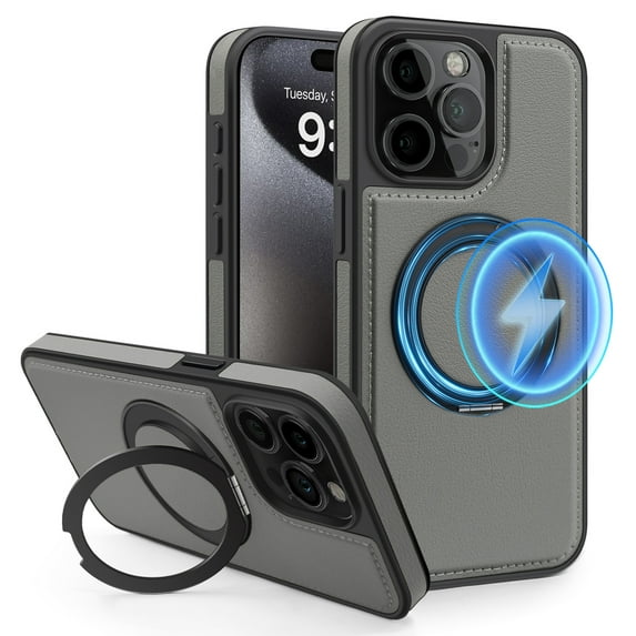 ELEHOLD Leather Case for iPhone 13 Pro Max,Strong Magnetic Compatible with Mag Safe 360 Rotation Ring Kickstand Function Anti-Scratches Protective Case for iPhone 13 Pro Max,Gray