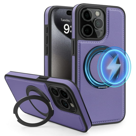 ELEHOLD Leather Case for iPhone 13 Pro Max,Strong Magnetic Compatible with Mag Safe 360 Rotation Ring Kickstand Function Anti-Scratches Protective Case for iPhone 13 Pro Max,Purple