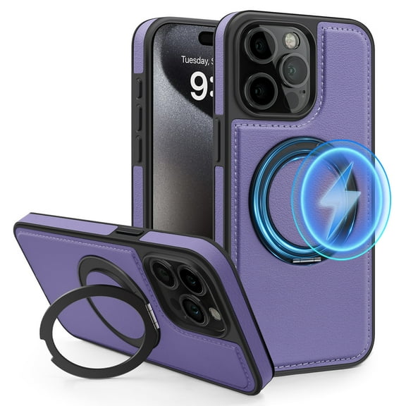 ELEHOLD Leather Case for iPhone 13 Pro Max,Strong Magnetic Compatible with Mag Safe 360 Rotation Ring Kickstand Function Anti-Scratches Protective Case for iPhone 13 Pro Max,Purple