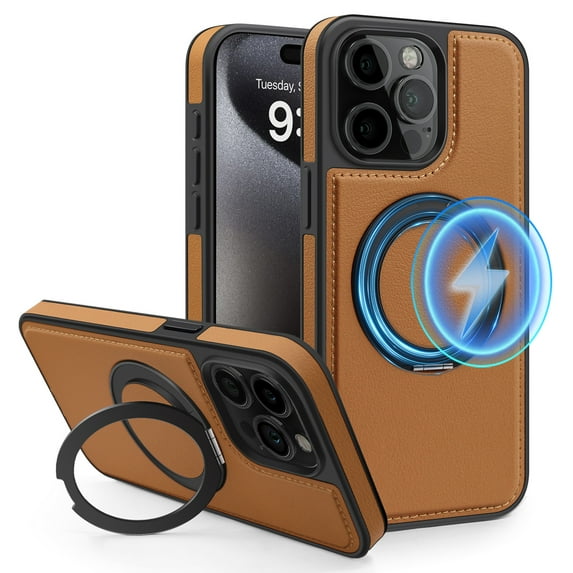 ELEHOLD Leather Case for iPhone 13 Pro Max,Strong Magnetic Compatible with Mag Safe 360 Rotation Ring Kickstand Function Anti-Scratches Protective Case for iPhone 13 Pro Max,Brown