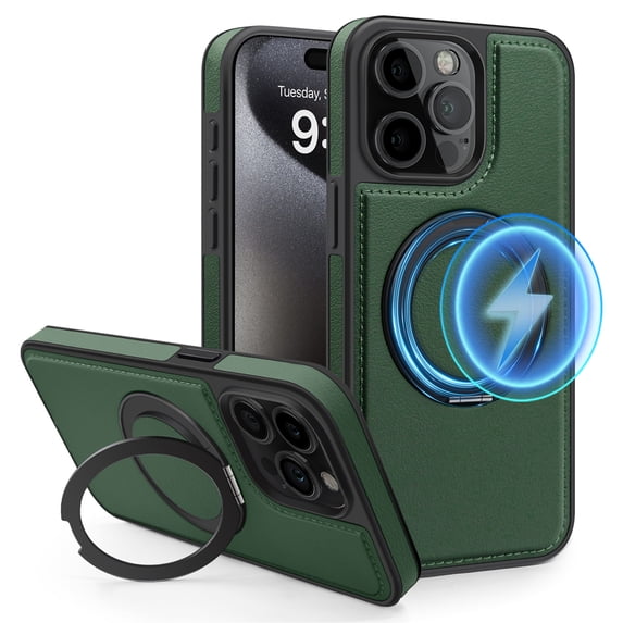 ELEHOLD Leather Case for iPhone 13 Pro,Strong Magnetic Compatible with Mag Safe 360 Rotation Ring Kickstand Function Anti-Scratches Protective Case for iPhone 13 Pro,Darkgreen