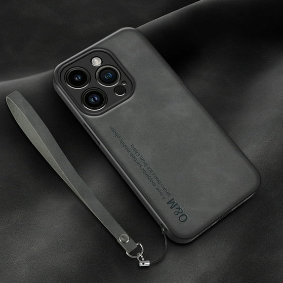 ELEHOLD Leather Case for iPhone 14 Pro 6.1", Skin-Friendly Premium Leather Lens Protection with Wrist Strap Compatible with Magnetic Car Mount Shockproof Case,Darkgray