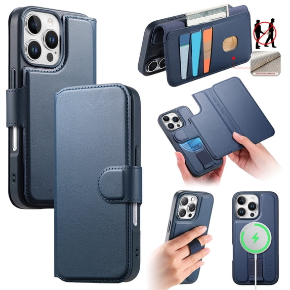 ELEHOLD Leather Case For iPhone 14 Pro Max 2-in-1 Shockproof Cover, With Magnetic Detachable Flip Card Holder Wallet, Kickstand & Wristband, MagSafe Compatible, Blue