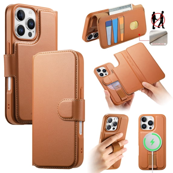 ELEHOLD Leather Case For iPhone 14 Pro Max 2-in-1 Shockproof Cover, With Magnetic Detachable Flip Card Holder Wallet, Kickstand & Wristband, MagSafe Compatible, Brown