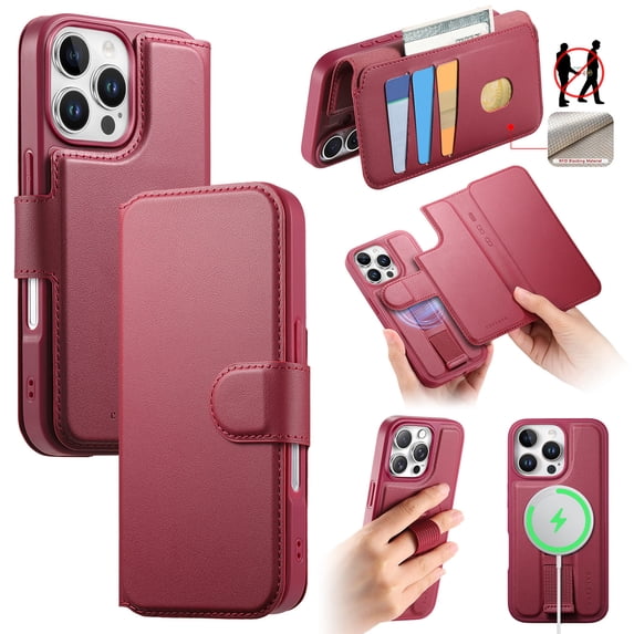 ELEHOLD Leather Case For iPhone 14 Pro Max 2-in-1 Shockproof Cover, With Magnetic Detachable Flip Card Holder Wallet, Kickstand & Wristband, MagSafe Compatible, Red