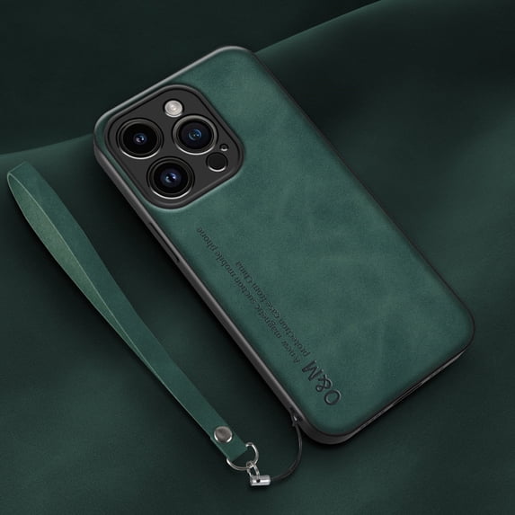 ELEHOLD Leather Case for iPhone 14 Pro Max 6.7", Skin-Friendly Premium Leather Lens Protection with Wrist Strap Compatible with Magnetic Car Mount Shockproof Case,Darkgreen