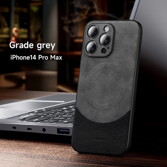 ELEHOLD Leather Case for iPhone 14 Pro Max, Luxury PU Leather Case Strong Magnetic Compatible with Mag Safe Soft Touch Shockproof Cover for iPhone 14 Pro Max, Grey