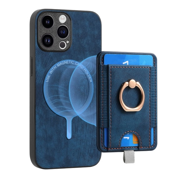 ELEHOLD Leather Case for iPhone 14 Pro Max Magnetic Detachable Card Holder Magnetic 2 in 1 Wallet Case with Ring Holder Kickstand Compatible with Mag Safe Shockproof Cover,blue