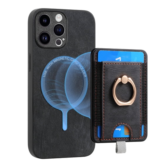 ELEHOLD Leather Case for iPhone 14 Pro Max Magnetic Detachable Card Holder Magnetic 2 in 1 Wallet Case with Ring Holder Kickstand Compatible with Mag Safe Shockproof Cover,black