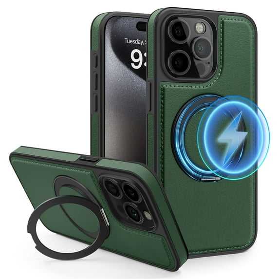 ELEHOLD Leather Case for iPhone 14 Pro Max,Strong Magnetic Compatible with Mag Safe 360 Rotation Ring Kickstand Function Anti-Scratches Protective Case for iPhone 14 Pro Max,Darkgreen
