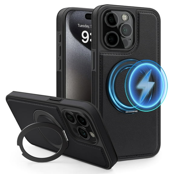 ELEHOLD Leather Case for iPhone 14 Pro Max,Strong Magnetic Compatible with Mag Safe 360 Rotation Ring Kickstand Function Anti-Scratches Protective Case for iPhone 14 Pro Max,Black