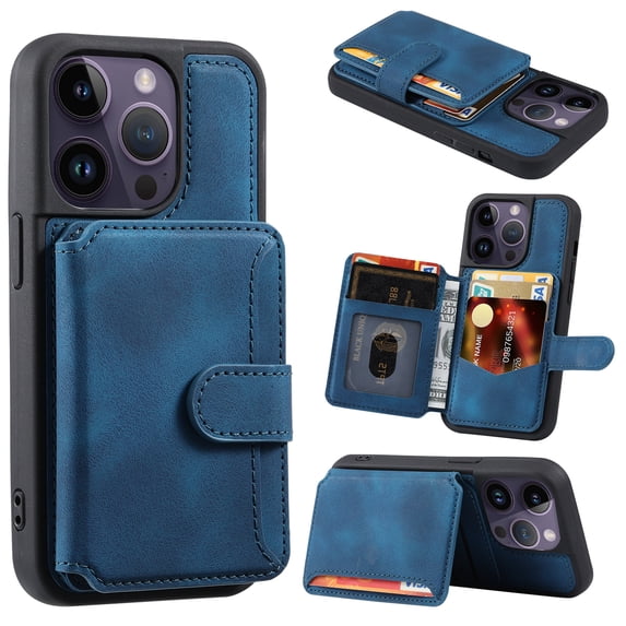 ELEHOLD Leather Case for iPhone 14 Pro Max Wallet Card Holders Magnetic Clasp Stand Function Full Body Shockproof Protection for iPhone 14 Pro Max 6.7 inch, Blue