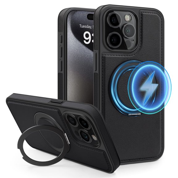 ELEHOLD Leather Case for iPhone 14 Pro,Strong Magnetic Compatible with Mag Safe 360 Rotation Ring Kickstand Function Anti-Scratches Protective Case for iPhone 14 Pro,Black
