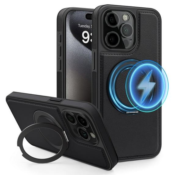 ELEHOLD Leather Case for iPhone 14,Strong Magnetic Compatible with Mag Safe 360 Rotation Ring Kickstand Function Anti-Scratches Protective Case for iPhone 14,Black