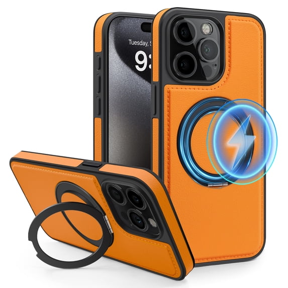 ELEHOLD Leather Case for iPhone 14,Strong Magnetic Compatible with Mag Safe 360 Rotation Ring Kickstand Function Anti-Scratches Protective Case for iPhone 14,Orange