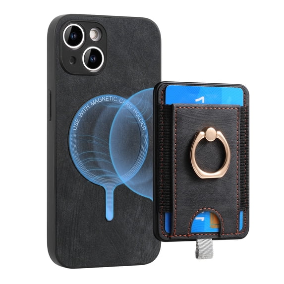 ELEHOLD Leather Case for iPhone 15 Plus Magnetic Detachable Card Holder Magnetic 2 in 1 Wallet Case with Ring Holder Kickstand Compatible with Mag Safe Shockproof Cover,black