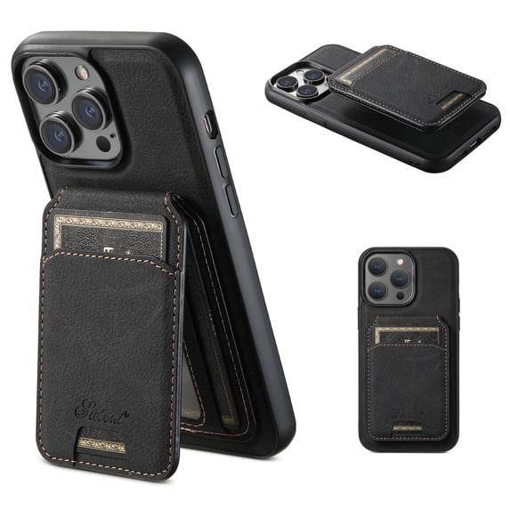 ELEHOLD Leather Case for iPhone 15 Plus Premium Lychee Texture Leather Case with Detachable Magnetic Card Holder Compatible with MagSafe Charging Shockproof Case for iPhone 15 Plus 6.7",Black