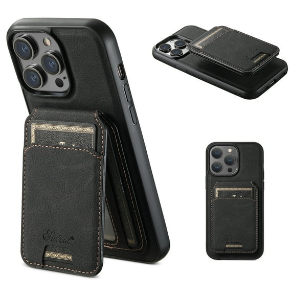 ELEHOLD Leather Case for iPhone 15 Pro Max Premium Lychee Texture Leather Case with Detachable Magnetic Card Holder Compatible with MagSafe Charging Shockproof Case for iPhone 15 Pro Max 6.7",Black