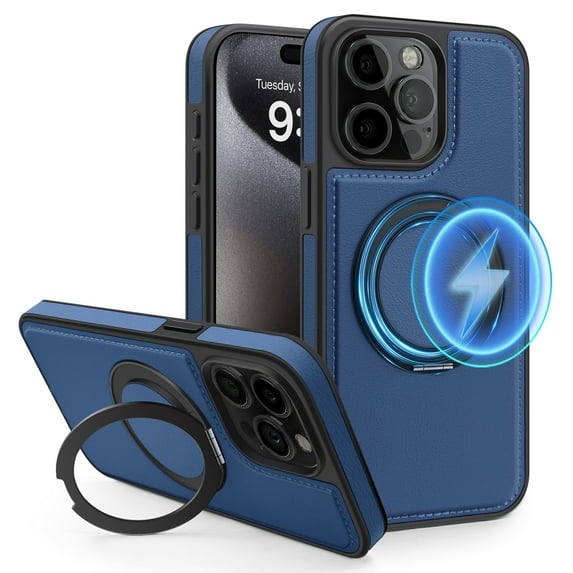 ELEHOLD Leather Case for iPhone 15 Pro Max,Strong Magnetic Compatible with Mag Safe 360 Rotation Ring Kickstand Function Anti-Scratches Protective Case for iPhone 15 Pro Max,Blue