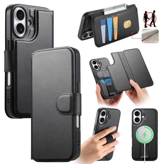 ELEHOLD Leather Case For iPhone 16 Plus 2-in-1 Shockproof Cover, With Magnetic Detachable Flip Card Holder Wallet, Kickstand & Wristband, MagSafe Compatible, Black