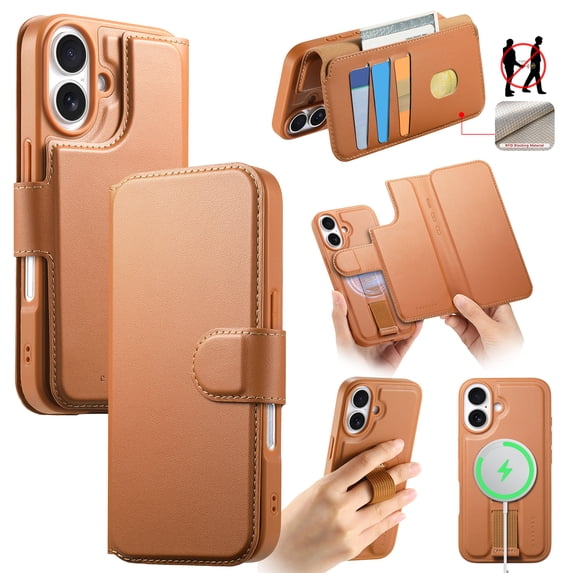 ELEHOLD Leather Case For iPhone 16 Plus 2-in-1 Shockproof Cover, With Magnetic Detachable Flip Card Holder Wallet, Kickstand & Wristband, MagSafe Compatible, Brown