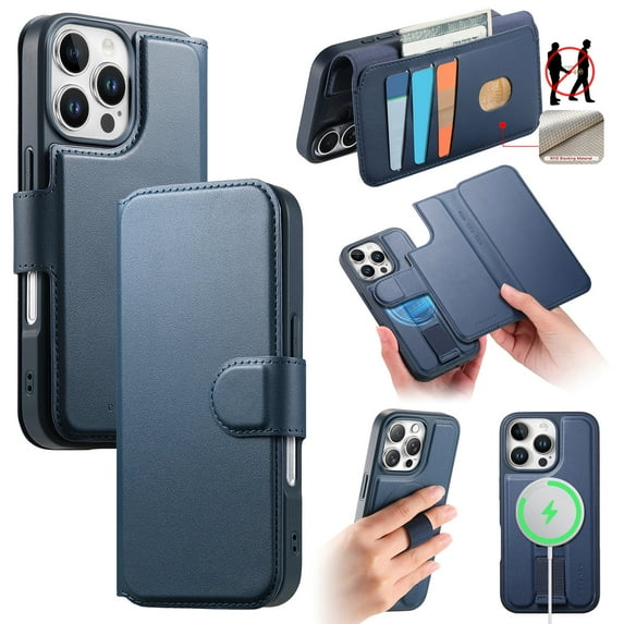 ELEHOLD Leather Case For iPhone 16 Pro 2-in-1 Shockproof Cover, With Magnetic Detachable Flip Card Holder Wallet, Kickstand & Wristband, MagSafe Compatible, Blue
