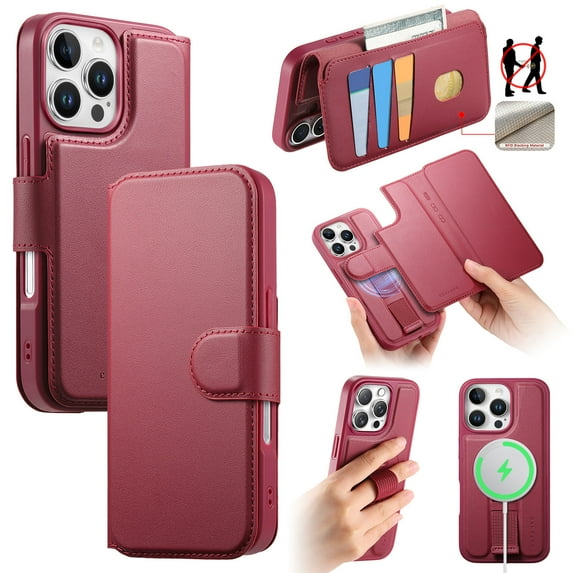 ELEHOLD Leather Case For iPhone 16 Pro 2-in-1 Shockproof Cover, With Magnetic Detachable Flip Card Holder Wallet, Kickstand & Wristband, MagSafe Compatible, Red