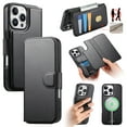 thumbnail image 1 of ELEHOLD Leather Case For iPhone 16 Pro Max 2-in-1 Shockproof Cover, With Magnetic Detachable Flip Card Holder Wallet, Kickstand & Wristband, MagSafe Compatible, Black, 1 of 14