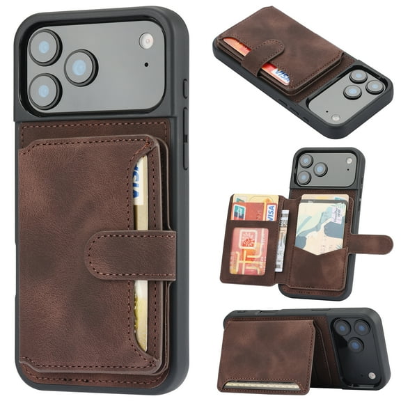 ELEHOLD Leather Case for iPhone 17 Pro Max Wallet Card Holders Magnetic Clasp Stand Function Full Body Shockproof Protection for iPhone 17 Pro Max ,Coffee