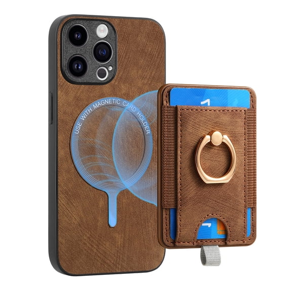 ELEHOLD Leather Case for iPhone 8 Plus/7 Plus Magnetic Detachable Card Holder Magnetic 2 in 1 Wallet Case with Ring Holder Kickstand Compatible with Mag Safe Shockproof Cover,brown