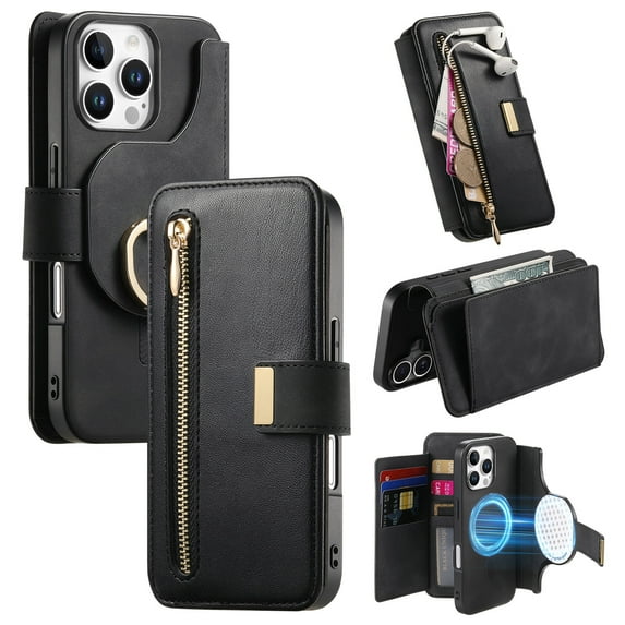 ELEHOLD Leather Magnetic Case For iPhone 13 Pro Max Shockproof Kickstand Cover, with Detachable RFID Zipper Card Holder Walllet, Ring, MagSafe Compatible, Full Body Protection, Black