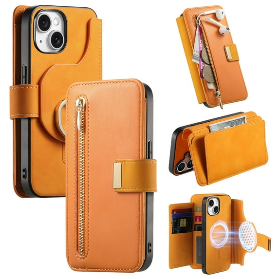 ELEHOLD Leather Magnetic Case For iPhone 13 Shockproof Kickstand Cover, with Detachable RFID Zipper Card Holder Walllet, Ring, MagSafe Compatible, Full Body Protection, Yellow