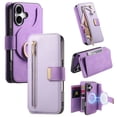 thumbnail image 1 of ELEHOLD Leather Magnetic Case For iPhone 16 Plus Shockproof Kickstand Cover, with Detachable RFID Zipper Card Holder Walllet, Ring, MagSafe Compatible, Full Body Protection, Purple, 1 of 12