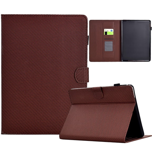 ELEHOLD Leather Wallet Case For Amazon Fire 7 2015/2017/2019 Fiber Pattern Lightweight Folio Stand Cover, Auto Sleep&Week Function, Full Body Protection, Brown