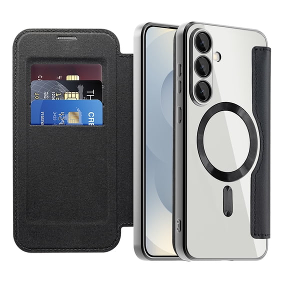 ELEHOLD Leather Wallet Case Built-in Lens Protector ,Compatible with Mag-safe Accessories, Shockproof RFID Blocking Card Slot Leather Magnetic Cover For Women Men, Black