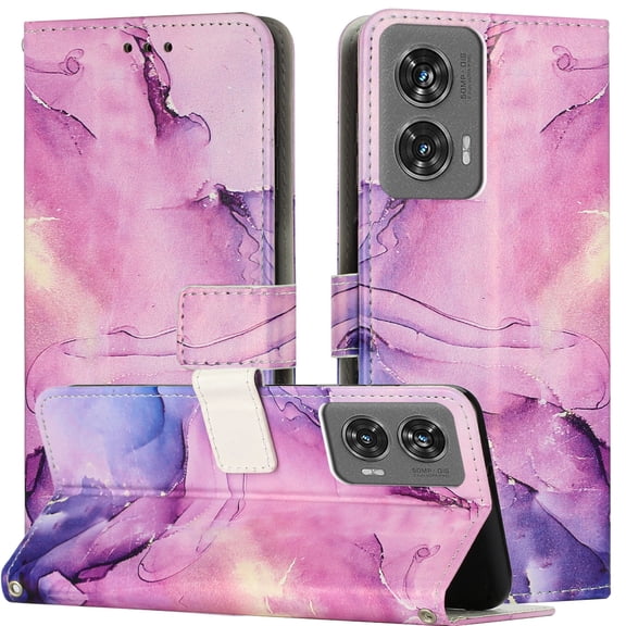 ELEHOLD Leather Wallet Case For Moto G Play 4G 2024, Wallet Case Card Holder Marble Pattern Flip PU Leather Kickstand Full Body Shockproof Phone Case with Strap for Women Girls,Purple