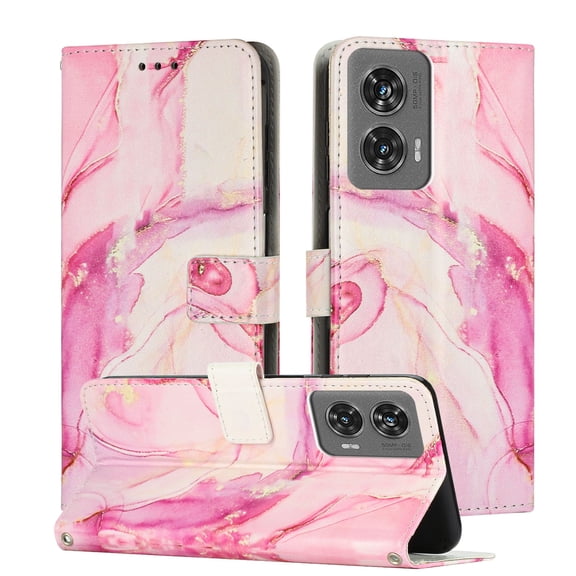 ELEHOLD Leather Wallet Case For Moto G Play 4G 2024, Wallet Case Card Holder Marble Pattern Flip PU Leather Kickstand Full Body Shockproof Phone Case with Strap for Women Girls,Rosegold