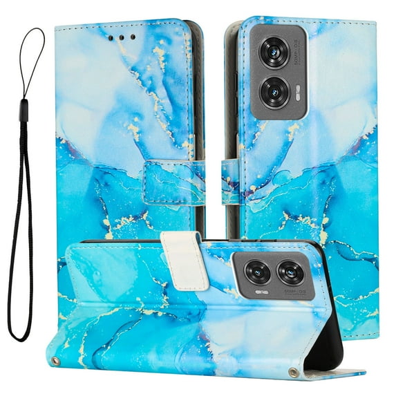 ELEHOLD Leather Wallet Case For Moto G Power 5G 2024, Wallet Case Card Holder Marble Pattern Flip PU Leather Kickstand Full Body Shockproof Phone Case with Strap for Women Girls,Blue