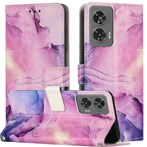 ELEHOLD Leather Wallet Case For Motorola Moto G 5G (2024), Wallet Case Card Holder Marble Pattern Flip PU Leather Kickstand Full Body Shockproof Phone Case with Strap for Women Girls,Purple
