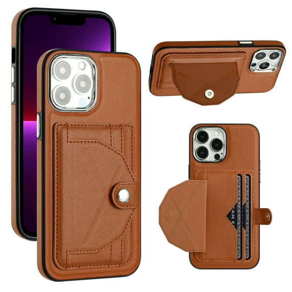ELEHOLD Leather Wallet Case For iPhone 13 Pro,Premium Leather Material with Back Card Holders Magnetic Button Full Body Shockproof Luxury Case,Brown